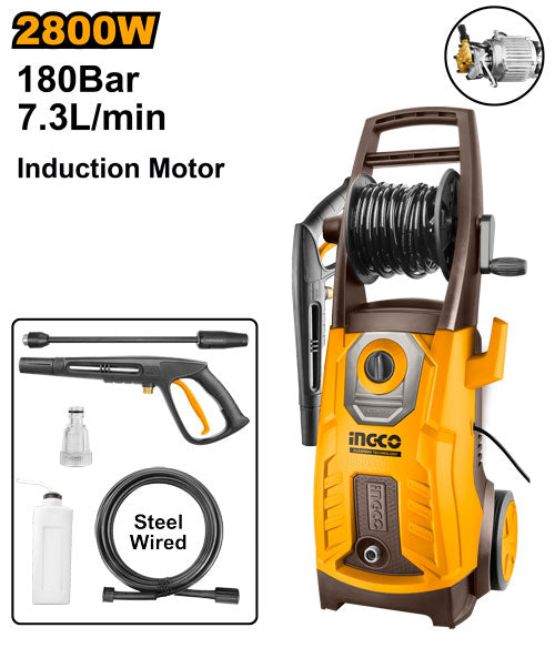 Nettoyeur HP 2800W, 180 bars. Débit 7.3L/min, tuyau 5m.