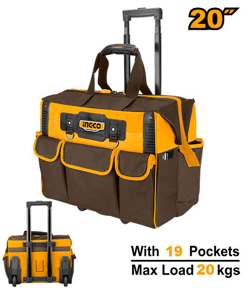 20" rigid tool case, 20kg. With wheels and telescopic handle.
