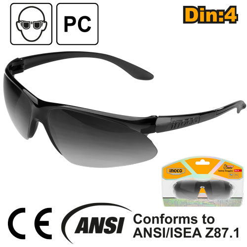 High-performance polycarbonate (PC) safety glasses, offering excellent resistance to shocks and impacts. Lens tint: Dark (Tint level: DIN 4)