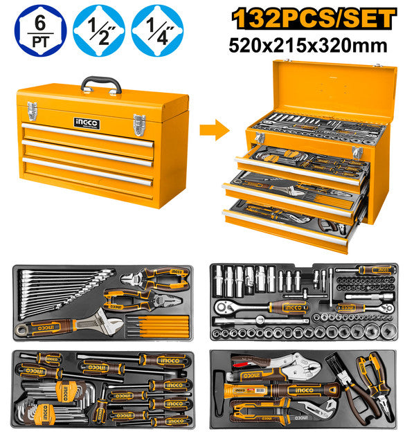Metal box with 3 drawers + 132 tools (sockets, wrenches, pliers).
