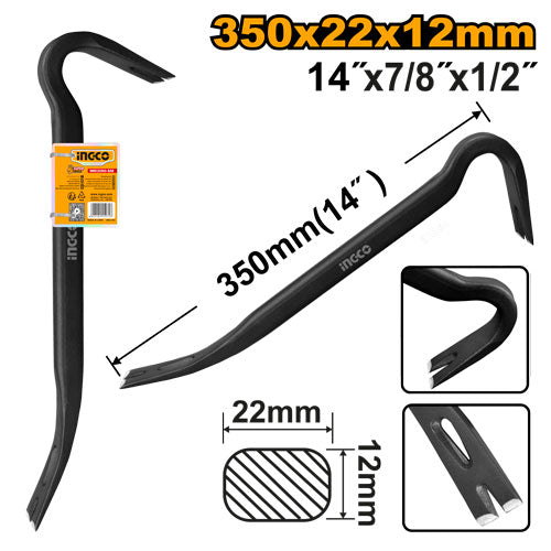 Pince à décoffrer 350x22x12mm forgée en acier spécial de très haute qualité. Renforcement des zones coudées et des zones de travail par traitement thermique. Tranchants traités