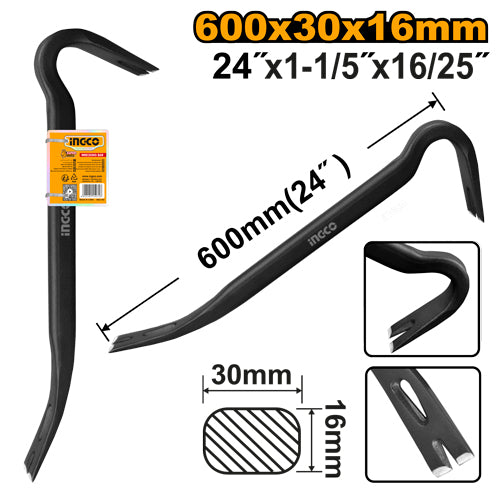 Pince à décoffrer 610x30x16mm forgée en acier spécial de très haute qualité. Renforcement des zones coudées et des zones de travail par traitement thermique. Tranchants traités