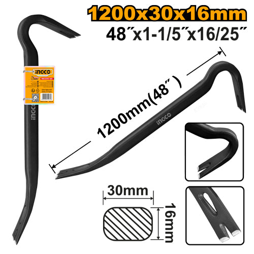 Grande pince à décoffrer 1220x30x16mm forgée en acier spécial de très haute qualité. Renforcement des zones coudées et des zones de travail par traitement thermique. Tranchants traités