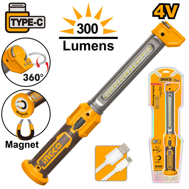 Lampe de travail 300 lumens, batterie Li-polymère. Chargement USB.