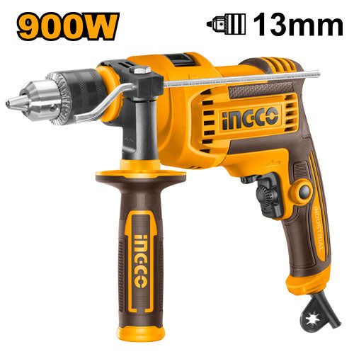 Perceuse percussion 900W, capacité 13mm. Inverseur marche/arrêt.