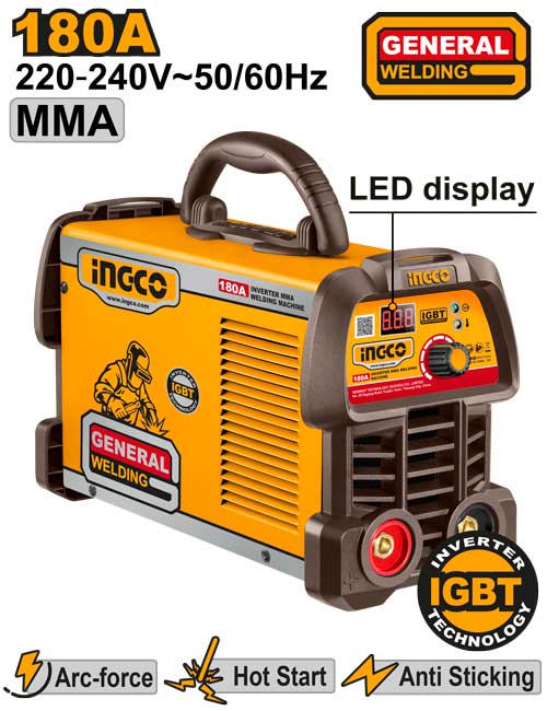 Poste à souder MMA 180A onduleur IGBT (Insulated Gate Bipolar Transistor) . Cycle 45%.