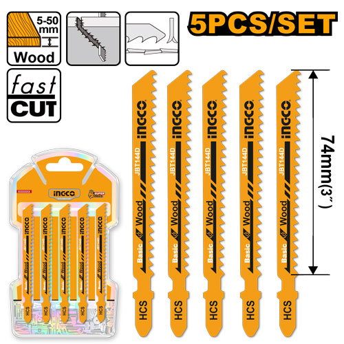 Set 5 lames sauteuse pour bois (HCS). Longueur utile 74mm.