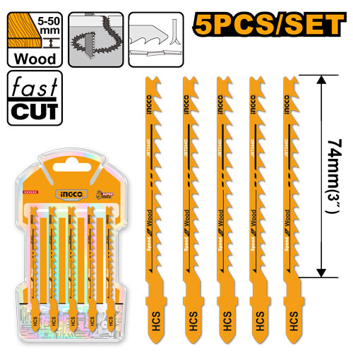 Set 5 lames sauteuse pour bois. Dents 74mm.