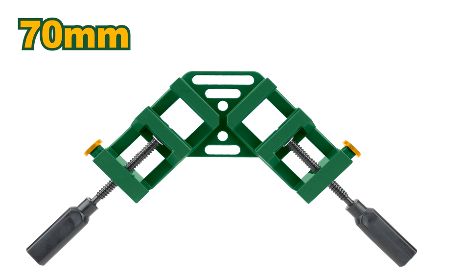 Corner Clamp, Aluminium Alloy with double quick-release button. Max Clamping: 70mm, Jaw Depth: 30mm. Colour box packaging. JADEVER JDACC2528
