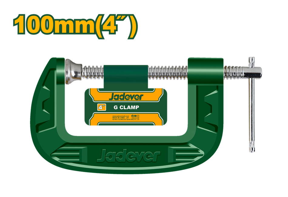 G Clamp Size: 4"/100 mm Cast iron body T-shaped thread Packed by paper card JADEVER JDCP1104