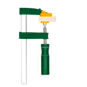 F-Clamp with plastic handle Clamp size: 120x1000mm Nickel-plated rule Zinc-plated threaded bar Plastic handle Packed by paper card JADEVER JDCP2125