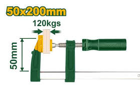 F-clamp with plastic handle Clamp size: 50x200mm Nickel plated rule Zinc plated threaded bar Plastic handle Packed by paper card JADEVER JDCP2152