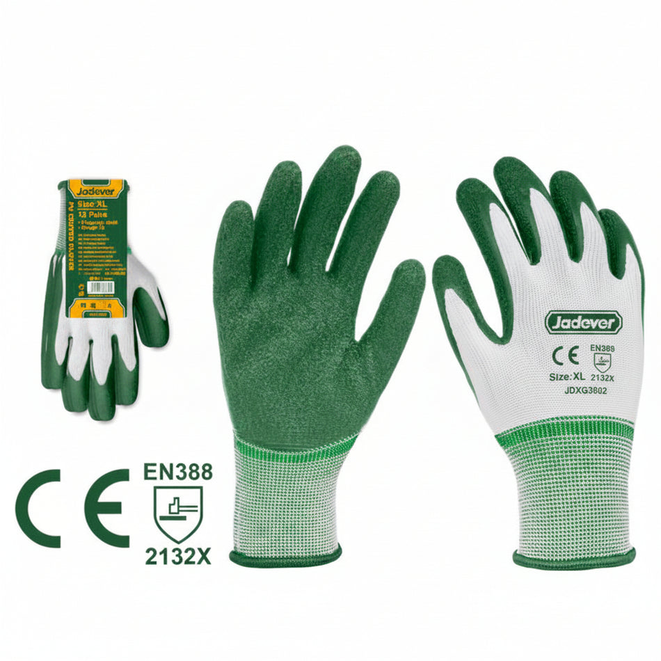 Gants enduits de nitrile Taille : XL Matériau de la doublure : fil élasthanne Matériau de revêtement/finition : revêtement en mousse de nitrile Calibre : 13 , doux et confortable, réduit la transpiration
Emballé sous sachet plastique JADEVER JDGV2803