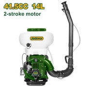 Atomiseur thermique Cylindrée : 41.5 cc, Réservoir produit : 14 L, Réservoir carburant : 1.4 L, Portée verticale : 8 m, horizontale : 12 m, Puissance : 2.13 kW / 7500 tr/min, Emballé en boîte carton JADEVER JDKN1A41