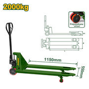 Transpalette Capacité de chargement : 2000 kg Taille de la fourche B × L : 550 × 1 150 mm Min. hauteur de fourche H:75mm Max. hauteur de fourche H1:190mm Largeur de fourche : 150 mm Emballé dans une caisse en contreplaqué JADEVER JDNH1R20