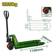 Transpalette Capacité de chargement : 3000 kg Taille de la fourche B × L : 550 × 1 150 mm Max. Distance entre les fourches D:230mm Largeur de fourche : 160 mm Rouleau de charge (PU) : 80x93mm Emballé dans une caisse en contreplaqué JADEVER JDNH1R30