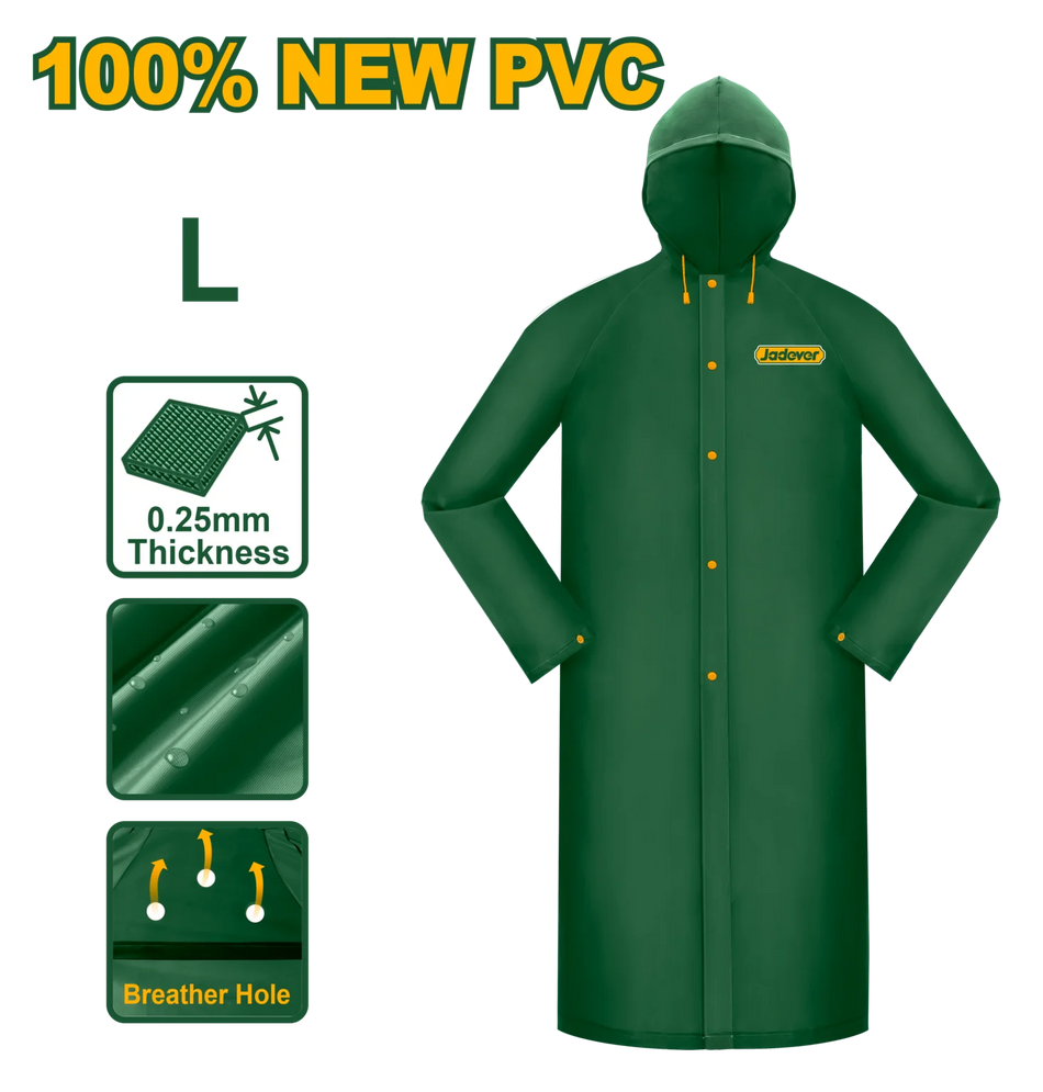 Manteau de pluie 100% PVC Longueur: 120 cm Épaisseur : 0,25 mm Taille: L ou XL Imperméable, respirez librement Avec cordon de chapeau réglable Ventilation sous les bras Emballage : sac en polyéthylène avec papier de couleur JADEVER JDRC200L