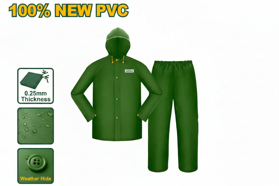 Combinaison de pluie Matériel: 100% nouveau PVC Épaisseur : 0,25 mm Taille : L ou XL Imperméable, respirez librement Avec cordon de chapeau réglable Ventilation sous les bras Emballage : sac en polyéthylène avec papier de couleur JADEVER JDRC300L