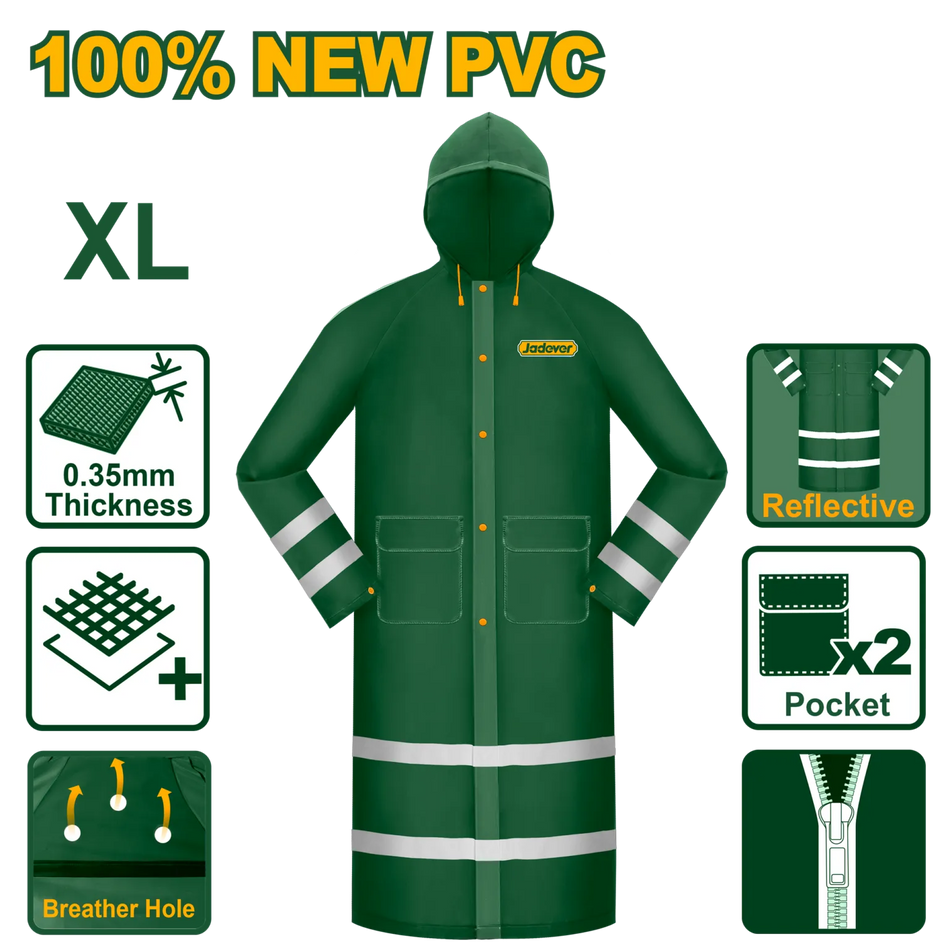 Manteau de pluie 100% PVC Longueur: 120 cm Épaisseur : 0,25 mm Taille: L ou XL Imperméable, respirez librement Avec cordon de chapeau réglable Ventilation sous les bras Emballage : sac en polyéthylène avec papier de couleur JADEVER JDRC200L