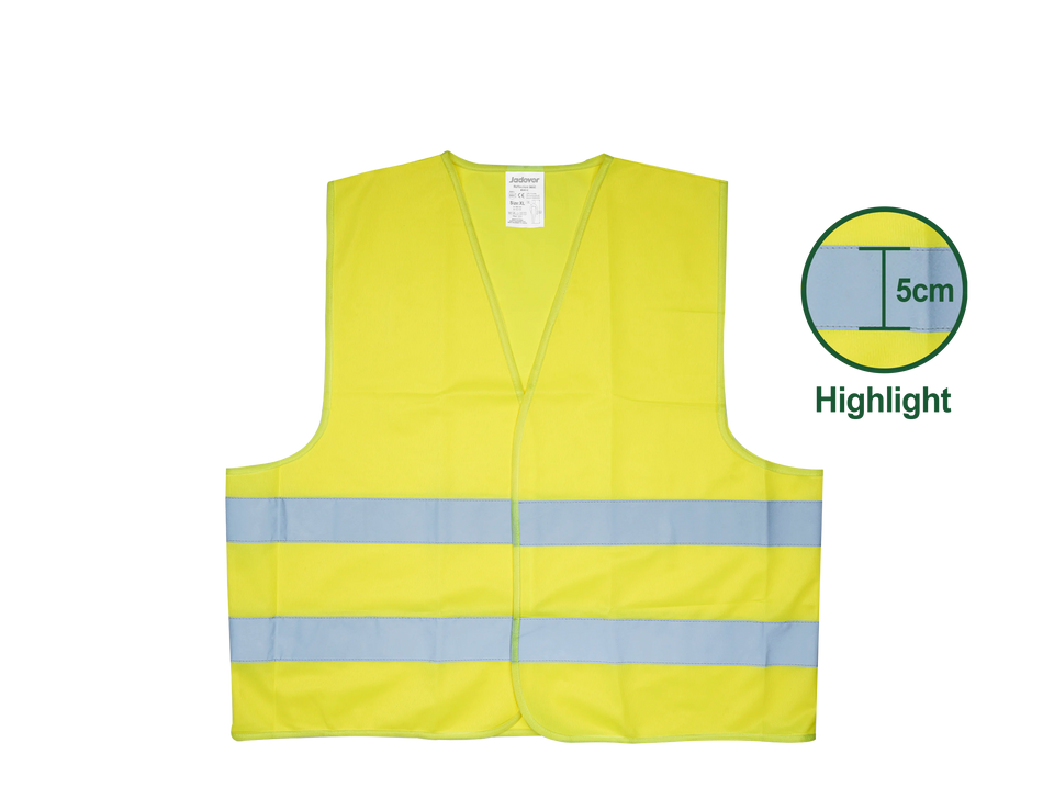 Gilet réfléchissant Poids en grammes du produit 120g Bande réfléchissante de 5 cm de largeur + gilet en tricot de polyester Couleur : jaune fluo Conforme à EN471 Classe 2 Taille XL Emballé par poly sac JADEVER JDRV2802