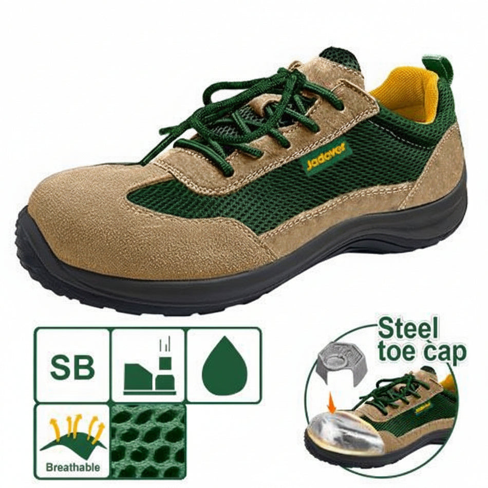 Chaussure de sécurité Classe de sécurité : SB (« Safety Basic ») Matériau de la semelle extérieure : PU/PU Embout de sécurité : acier Matériau extérieur : cuir suédé et textile Semelle PU Emballé par boîte de couleur JADEVER JDSB2550