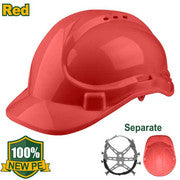 Casque de sécurité Coque PE Matériau de doublure : plastique Mentonnière incluse Couleur: rouge Poids: 320g Suspension en 6 points Ajuster la taille de la tête par boucle emballé par étiquette JADEVER JDSH1304