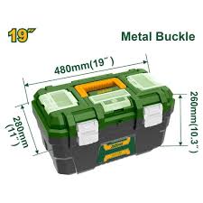 Boîte à outils en plastique de 19 pouces Boîte à outils en plastique 19" Dimensions : 480 mm x 280 mm x 260 mm Matériau : PP Charge maximale : 18 kg Emballage sous étiquette JADEVER JDTB1319