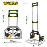 Diable pliable Capacité de chargement : 100kg Matériau du cadre : tube en aluminium Taille étendue : 400x385x1000mm Taille pliée : 60x385x640mm
Roues : 125 mm (PP+TPR) Emballé par carte papier JADEVER JDWB8A10