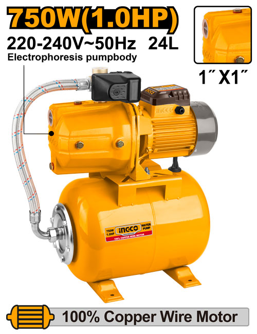 Pompe à eau auto-amorçante 750W. Hauteur max 45m. Réservoir 24L.