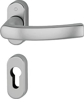 Garniture Liège  By HOPPE en aluminium sur rosaces avec rosaces à entré de clé, pour porte à profil ,carré à montage rapide,F9 alu aspect inox