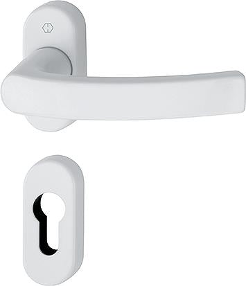 Garniture Liège  By HOPPE en aluminium sur rosaces avec rosaces à entré de clé, pour porte à profil ,carré à montage rapide,F9016 blanc signalisation