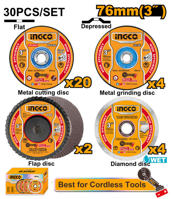 Set 30 disques pour mini-meuleuse 76mm (coupe, meulage, diamant, lamelles).