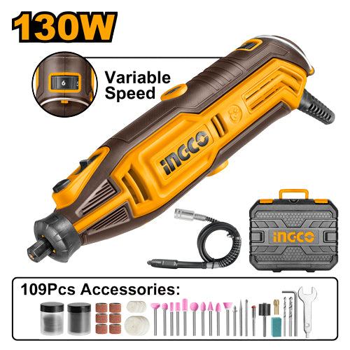 Mini-perceuse 130W, vitesse variable. Coffret 109 accessoires.