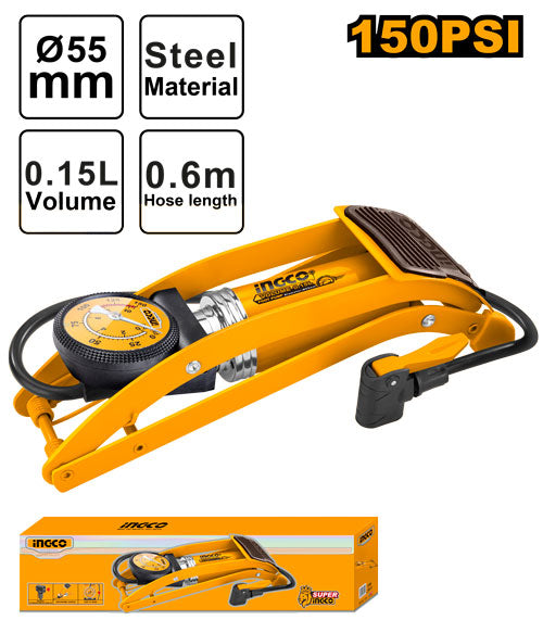 Pompe à pied 120PSI. Cylindre acier, pédale caoutchouc.