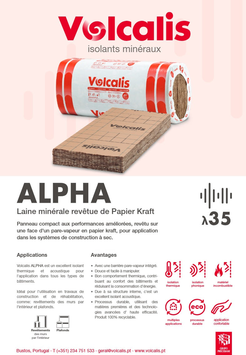 صوف معدني APLHA VOLCALIS على شكل ألواح مع ورق كرافت 50*600*1350 مم - RD (م²ك/و) = 1.40