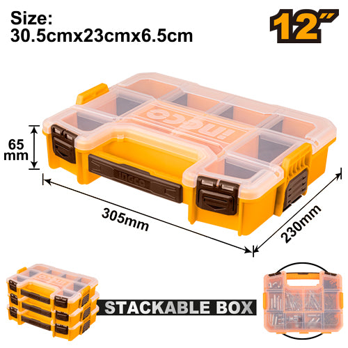 12" stackable plastic box. Removable dividers.