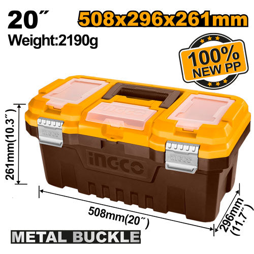 20" plastic toolbox with metal clasps.