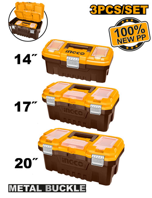Set 3 boîtes plastique 14", 17", 20". Boucles métal.
