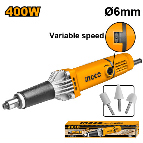 Meuleuse droite 400W, pince 6mm. Livrée avec 3 accessoires.