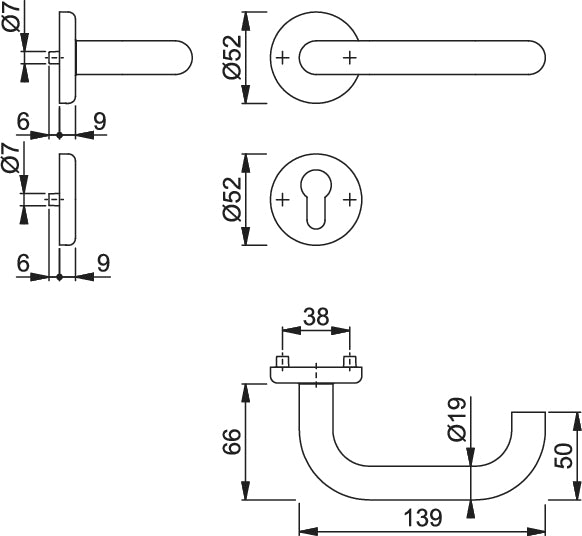 BADEN By HOPPE escutcheon set in stainless steel on roses with I-shaped key roses, for interior doors