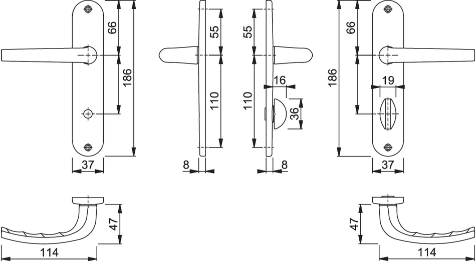 SAN DIEGO By HOPPE aluminium short plate handle set with thumbturn/emergency release, for WC/bathroom doors