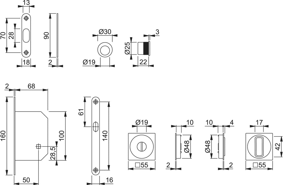 Set 1 for sliding door 4921 By HOPPE in aluminium with thumbturn/release, for interior doors, silver effect