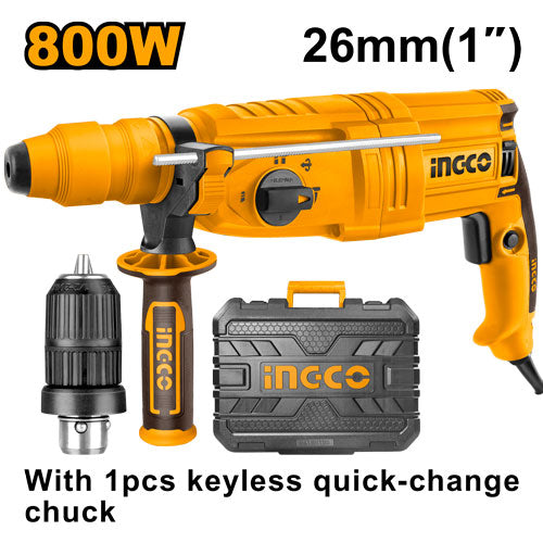 Perforateur 800W, capacité béton 26mm. Emballé par BMC.