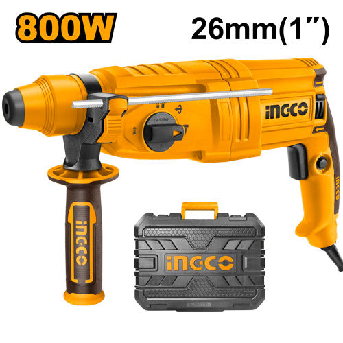 Perforateur 800W, capacité béton 26mm. Livré avec 3 forets, 2 burins.