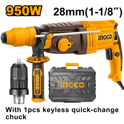 Perforateur 950W avec mandrin sans clé. Capacité béton 28mm.