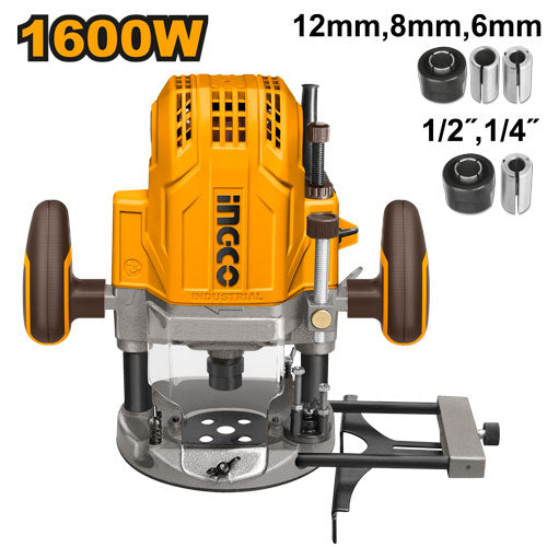 Défonceuse 1600W, vitesse 22000 tr/min. Pinces 6,8,12mm, 1/4", 1/2".