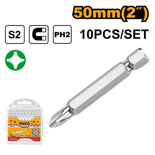 Set 10 embouts PH2 50mm. Acier S2 magnétique.