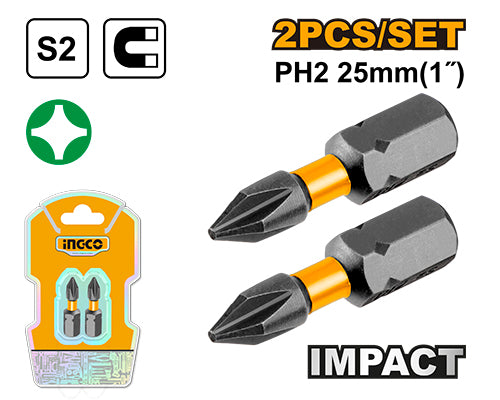 Lot 2 embouts à percussion PH2 25mm. Acier S2.