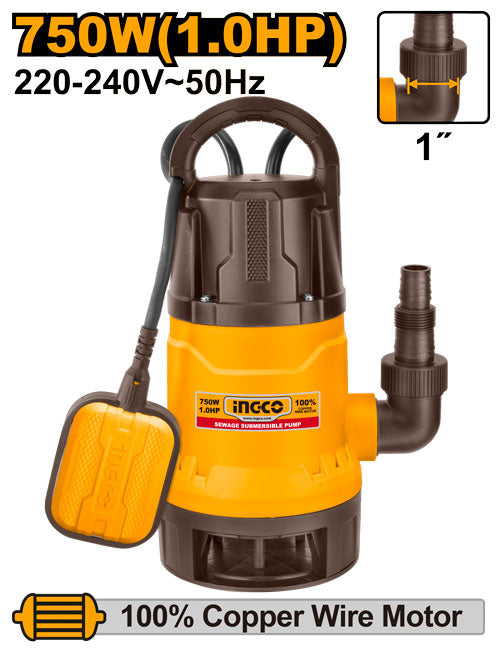 Pompe vide cave submersible 750W, hauteur max 8m. Interrupteur flotteur - conçue pour l'évacuation, le relevage des eaux usées et chargées. - Binashop