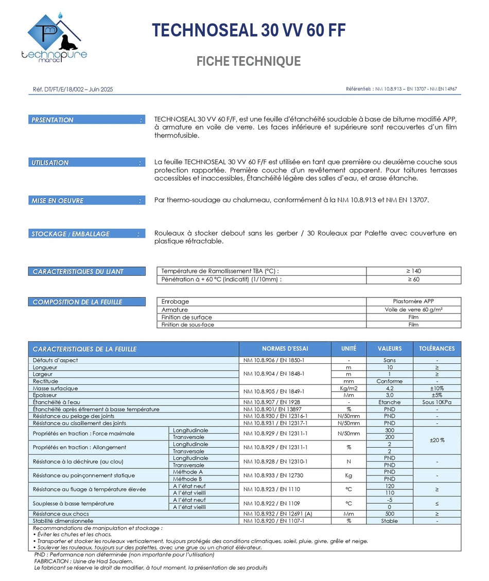 Rouleau d'étanchéité TECHNOSEAL 30 VV 60 FF - APP / Voile de verre - 1*10ML